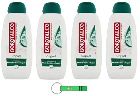 Borotalco Bagnoschiuma Original Lot de 4 gels douche au parfum Borotalco classique – Peau douce, lisse et veloutée – Nettoyant pour le corps 450 ml + porte-clés Beni Culinari