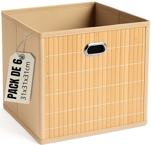 LUXYSKY est 2022 6 Cajas Almacenaje - Cestas Almacenaje - Cajas Organizadoras 31x31x31cm - Cajas Almacenaje Decorativas Hechas En Bamboo Y Tela - Cestas Organizadoras - (BEIGE, 31x31x31 cm)