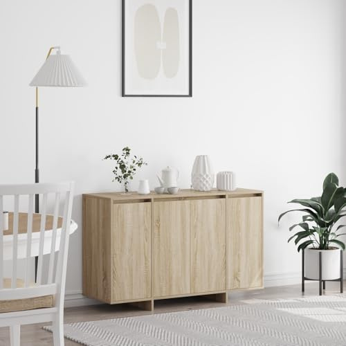 Pangshiyuan Sonoma Oak Sideboard with Engineered Wood, 5 Doors, Adjustable Shelves, Storage Solution, Modern Design, Dining Room, Beige, 120 x 40.5 x 75 cm