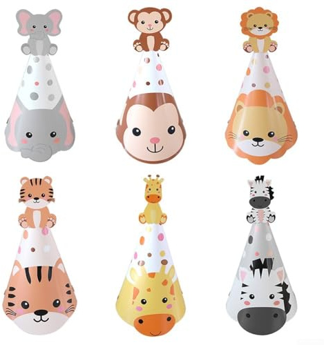 Zilimontt Partyhüte für Kinder, Dschungel, 6 Stück, bezaubernde Papierhüte mit lustigen Safari-Tier-Designs