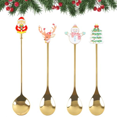 4 Stück Weihnachtslöffel Set, Edelstahl Teelöffel, Weihnachten Style Kaffeelöffel, Kleine Dessertlöffel für Kaffee, Tee, Dessert, Eiscreme Party Tischdekorationen