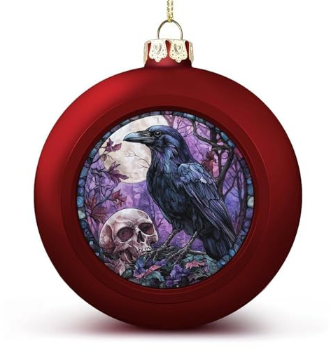 Rabe und Totenkopf, Halloween-Weihnachtskugel, Ornamente, bruchsicher, hängende Weihnachtskugeln für Weihnachtsbaumdekoration, rote Weihnachtsbaumkugeln für Urlaub, Hochzeit, Party