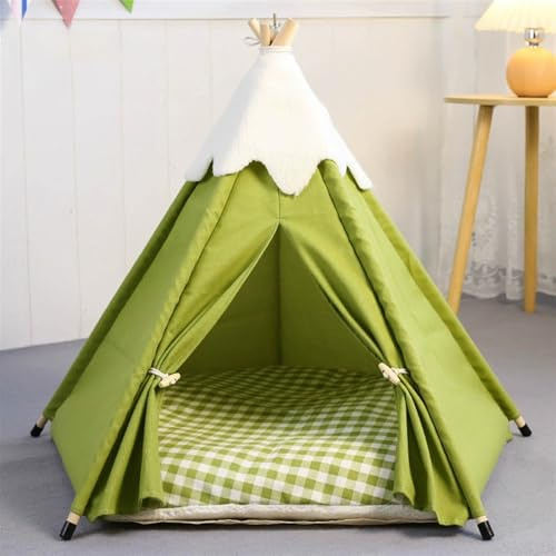 GIBZ Haustier Tipi Zelt mit Kissen Abnehmbar Süßes Hundezelt Waschbar Luxery Geschlossenes Katzenbett für Indoor Outdoor, Grün, S