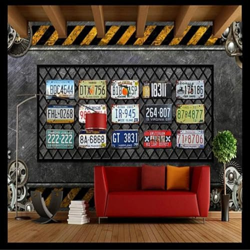 XLMING Retro Art Industrial Style Gears License Plates Nostalgic 3D Wallpaper Silky Texture Home Study Office Grey Dining Room Sofa Bedroom Living Room TV Backdrop-430cm×300cm