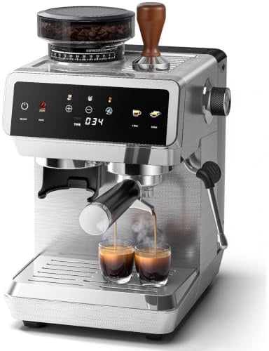 AMZCHEF Macchina Caffè Espresso con Macinacaffè Incorporato, 20 Bar, 44 Livelli di Macinatura, 4 Temperature, Funzione Cold Brew, Lancia Vapore per Latte,Acciaio Inox,1.8L