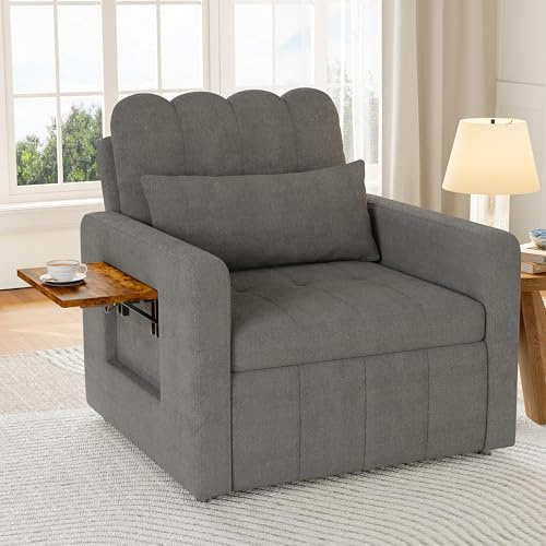 Konvertibel fåtölj med sängfunktion, bäddsoffa, justerbara stolar med kuddar och väska, hopfällbart bord, modern, för vardagsrum, lägenhet (grå, 108 x 85 x 86 cm)