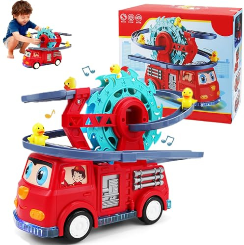 Duck Design rutschbahn,entenrutsche,Duck Coaster küken achterbahn,Feuerwehrauto mit entenrutsche,Feuerwehr entenrutschespielauto,Feuerwehrauto elektrisch mit Bewegung und Licht,Lernspielzeug