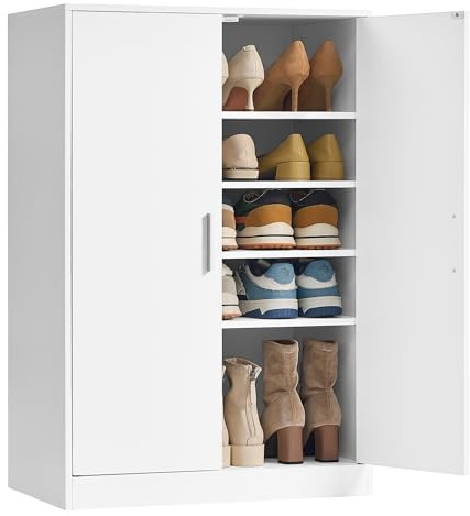 VASAGLE Schuhschrank, Aufbewahrungsschrank mit Türen, moderner Schrank mit verstellbaren Ablagen, für Flur, freistehend, 5 Ebenen, für 12 bis 15 Paar Schuhe, 2 Türen, wolkenweiß HSC501WB01