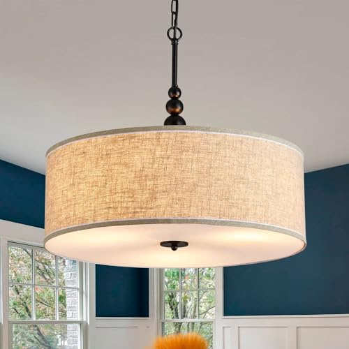 SHRINE Lighting Trommel-Kronleuchter, Trommel-Pendelleuchte für das Esszimmer, D50 x H20cm, verstellbare Ketten 59″, 3x E27-Fassungen, Lampenschirm aus beigem Leinenstoff & schwarze Stange