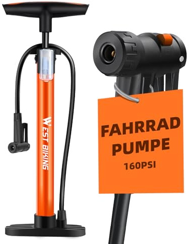 Pompe à air pour toutes les valves - Pompe à pied 11 bar/160 PSI - Pompe à pied pour vélo de route, vélo électrique, VTT - Pompe à vélo pour valves françaises et adaptateurs (Orange-Nouveau)