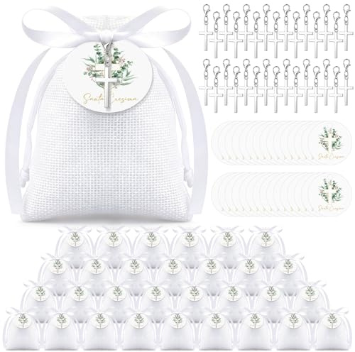 Otuuz 30 Sets de Recuerdos de Confirmación Etiqueta de Regalo con Lazo Blanco Llavero con Cruz Bolsa Blanca Regalos para Confirmación, Comunión, Bautizo, Recién Nacido y Boda