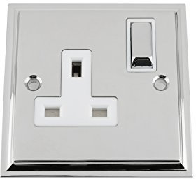 Wall Socket 1 Gang - Polished Chrome Victorian - White Insert - Metal Rocker Switch - 13A Single Plug Socket