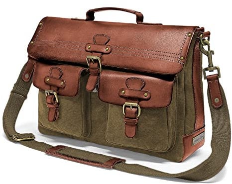 DRAKENSBERG Vintage Umhängetasche 'Milo' - Aktentasche aus Canvas und Leder für Herren mit Laptop-Fach, 15L - Oliv-Grün, DR00121