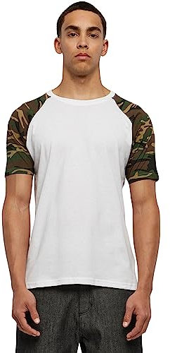 Urban Classics Herren Raglan Contrast Tee – Slim Fit T-Shirt mit Kontrastärmeln, Rundhalsausschnitt, sportlicher Look, weicher Baumwollmix, Basic Style,Wht/Woodcamo,L