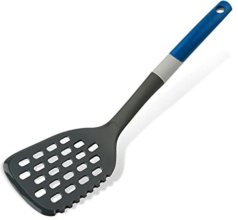 Tasty Schlitzwender mit Schneidfunktion - Ideal zum Braten und Wenden, Kunststoff Griff, Schneidkante, Für Antihaft-Pfannen, 34x9,5cm, Grau/Blau