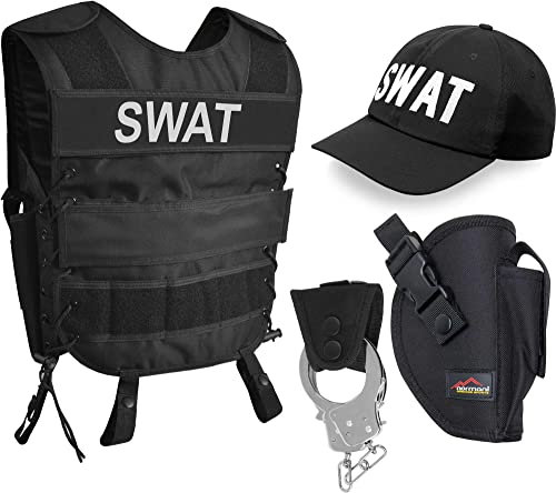 normani SWAT/Police/Security Kostüm für Damen und Herren - Unisex (XS-6XL) - bestehend aus Weste mit Patch, Holster, bestickter Cap, Handschellen + Handschellenhalter Farbe SWAT Größe XL/XXL