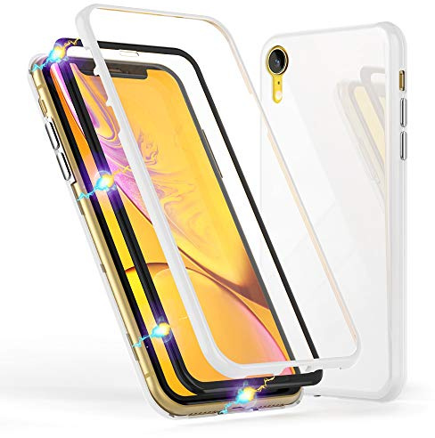NALIA Magnetische 360° Glas Hülle kompatibel mit iPhone XR, Ultra-Slim Hard-Case Dünnes Hartglas Back-Cover mit Rahmen & Display-Schutz, Full-Body Schutzhülle Bumper Handy-Tasche Etui, Farbe:Weiß