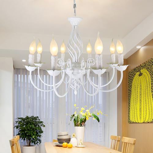 HEYUN Europäischen Land Industrie Vintage Pendelleuchte,Höhenverstellbarer Kerzenleuchter,aus Eisen Einfach weiss Metall Kronleuchter für Küche Esszimmer Wohnzimmer,8heads