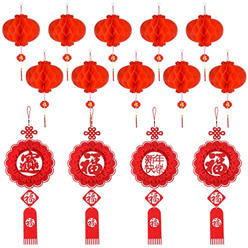 FEPITO 14 Pcs Nouvel an Chinois décoration Ensemble Ornement accrochant avec Pendentif Noeud Chinois lanternes en Papier Rouge Chinois pour la Maison, la Fête du Printemps, Restaurant Décoration