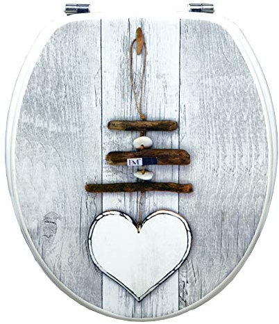 BM 4115 Copriwater Sedile Tavoletta WC Universale Coperchio Toilet Seat Bagno in Legno MDF Grigio Decorato Motivo Cuore con Sfondo Bianco, Misura Standard Fissaggio dal Basso Cerniere in Acciaio