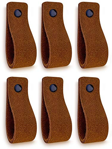 Brute Strength - Ledergriffe für Möbel - Wildleder - Cognac - 6 Stück - 16,5 x 2,5 cm - Schrankgriff, Türgriff für Küche, Bad, Schränke, Kommode, Holz