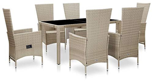 Tidyard 7-tlg.Garten-Essgruppe Esstischgruppe Esszimmergarnitur Gartengarnitur Mit 1 x Tisch,6 x Stuhl (2 davon sind verstellbar),6 x Sitzpolster,PE-Rattan+Glasplatte+pulverbeschichteter Stahlrahmen