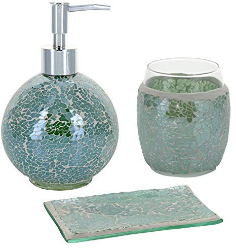 G Decor *Neue Verpackung* Smaragdgrünes Mosaik-modernes Glas, 3-teiliges Badezimmer-Zubehör-Set, inkl. Flüssigseife oder Lotionspender, Zahnbürstenhalter, Seifenschale