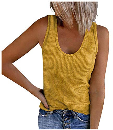 Masrin Solide Tanktops für Damen Ärmelloses Hemd mit U-Ausschnitt Sommer Lässige Rippenstrick-Trainings-T-Shirt-Bluse(L,Gelb)