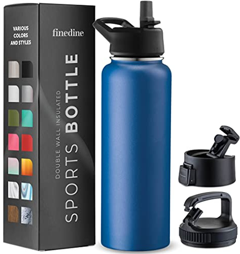 FineDine Insulated Water Bottle with Straw, 40 Oz, Majestic Sapphire | Stainless steel water bottle, triple-wall insulation, 3 leakproof lids: straw, flip, wide-mouth, hot or cold, travel, gym