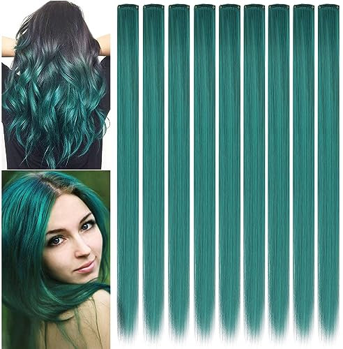 ZHAOWWEI 9 Stück Prinzessin Grün Haarverlängerungen Multi-Farben Party Highlights Streifen Synthetische Haarteile Clip-In/Clip On Farbige Haarverlängerungen (dunkelblau)