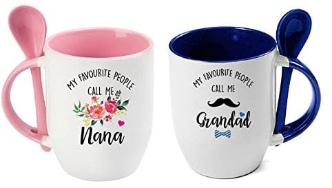 Giftme My Favourite People Call me Grandad/Nana Fathers Day Mothers Day Birthday Christmas Coffee Tea Mug Unique Blue Pink Spoon Ceramic Mug Set of 2.