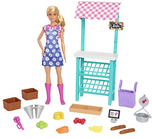 Barbie HCN22 - Spaß auf dem Bauernhof Bauernmarkt Spielset mit Puppe (Blonde Haare), Markt-Stand mit Obst, Gemüse und Kasse, Spielzeug für Kinder ab 3 Jahren
