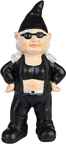 BRUBAKER Gartenzwerg Coole Bikerin Schwarz - Rocker Zwergen Frau mit Sonnenbrille - Gartenfigur Lustig - Dekoration Wetterfest für Garten Campingplatz - Gartendeko für außen - 23 cm groß