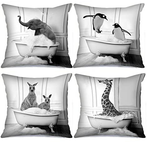 Lustige Tiere dekorative Kissenbezüge 4 Stück Elefant Pinguin Känguru Giraffe in Badewanne Überwurf Kissenbezüge Schwarz und Weiß moderne quadratische Kissenbezüge für Sofa Bett Heimdekoration
