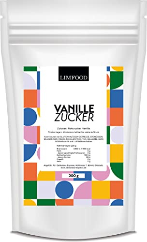 Limfood | 200g Vanillezucker, Vanille Zucker zum kochen & backen von Kuchen, feines Vanille-Aroma, Rohrzucker mit aromatischer Vanille, ohne Zusätze, aromatisiert Kuchen, Desserts, Obstsalat, Popcorn