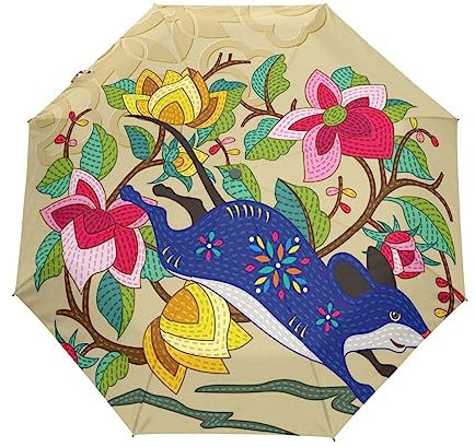 Maus Kunst Blume Blumen Regenschirm Taschenschirm Auf-Zu Automatik Schirme Winddicht Leicht Kompakt UV-Schutz Reise Schirm für Jungen Mädchen Strand Frauen