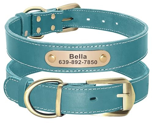 Didog Collar de perro de cuero genuino con placa de identificación, collar de perro personalizado suave con etiqueta de identificación grabada, collares personalizados para perros pequeños, Azul