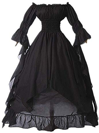 AnnSemo Renaissance Costume for Women Halloween Steampunk Gothic Maxi Dress Ruffle Layered Victorian Dress Chemise Medieval Pirate Peasant Irish Long Dresses for Lady Black