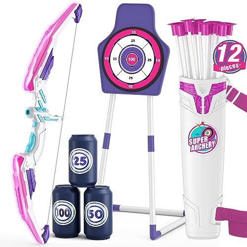 HYES Tir à l'arc Flèche et Arc Jouet pour Enfants, Kit de Tir à l'arc avec Lumières LED, flèches à Ventouse, 1 Cible Debout, 12 Flèches et 3 Cibles de Score, Jouet d'Intérieur et d'Extérieur, Violet