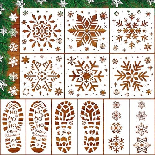 FANOST 12 Stück Weihnachtsschneeflocken Fußabdrücke Schablonen groß, 4 Stück Weihnachtsmann Fußabdruck Schablone + 8 Stück Weihnachten Schneeflocke Schablone Vorlage zum Malen auf