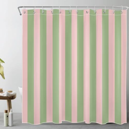 LB Grün und Rosa gestreift Duschvorhang 240x175cm(BxH) Abstrakte Geometrie Antischimmel Wasserdicht Badezimmer Vorhänge, Moderne Kunst Extra Breit Polyester Stoff Bad Vorhang mit Haken