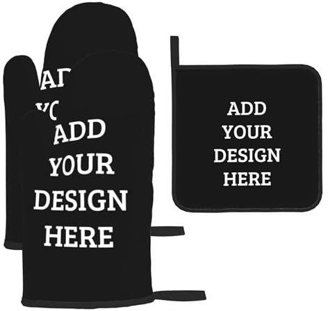 Personalized Oven Mitts Custom Pot Holders Set Add Your Photo Image Customized Resistant Hot Pads Non-Slip BBQ Gloves and Mat for Kitchen,Cooking,Baking,Grilling(2 Oven Mitts+ 1 Pot Holders)