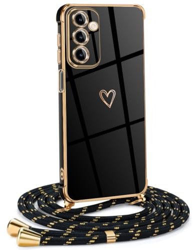 Mkej Frauen Mädchen Handykette Kompatibel mit Samsung Galaxy A15 5G - Silikon Hülle mit Band - Handyhülle für Samsung Galaxy A15 5G Herz Love Design Galvanik - Hülle mit Kordel in schwarzes Gold