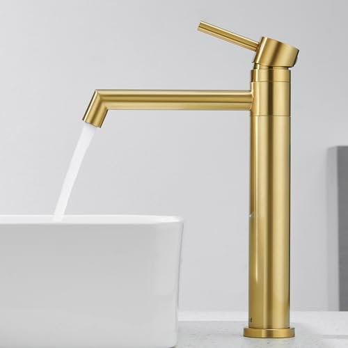 Ulytid Wasserhahn Bad Gold, Waschtischarmatur Hoch Aufsatzwaschbecken 360° Schwenkbar, Armatur Badezimmer mit Auslauf Höhe 204 mm, Mischbatterie Edelstahl Gebürstet für Waschbecken Gäste WC