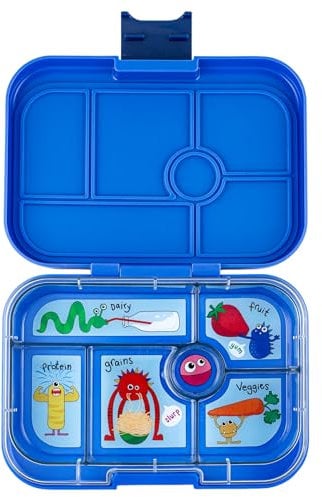 yumbox Lonchera Bento original a prueba de fugas, 5 compartimentos + pozo de inmersión, cierre fácil de abrir, control de porciones, bandeja ilustrada extraíble, edades de 3 a 7 años (azul surf