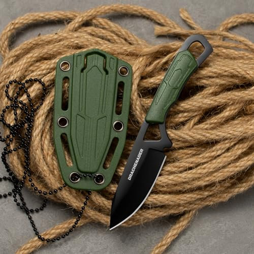 DRACHENADER Coltello da collo 42a coltello a due mani EDC mini coltello Fulltang con lama lunga 6,9 cm e fodero in ABS, lama nera + manico verde