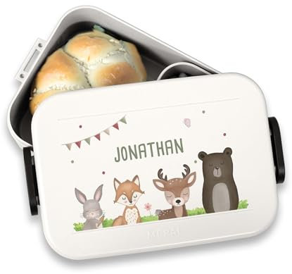 hellomini Mepal Brotdose - Personalisiert - Brotdose Kinder mit Fächern - Snackbox mit Fächern - Lunchbox, Bento Box Geschenk zu Einschulung - Einschulungsgeschenk (Waldtiere, Weiß)