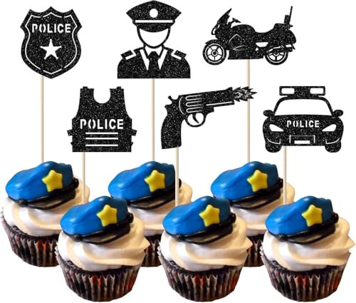 24 Stück Polizei Tortendeko Glitzer Polizist Cupcake Toppers Polizeiwagen Polizei Emblem Kuchen Deko für Polizei Thema Kinder Geburtstag Party Torten Dekoration Schwarz
