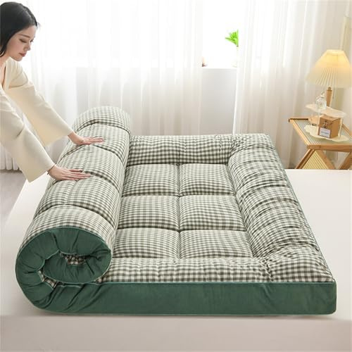 HUMAJORY Japanische Bodenmatratze, Dicke Futonmatratze, Isomatte, Faltbare Rollmatratze, Schlafsaalmatratze, Bodenliege, Kissenbett(Plaid Green,90x200cm)