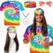 70er Hippie Kostüm Herren Set 5tgl, Hippie T-Shirt Perücke Sonnenbrille Peace Kette Stirnband Hippie Accessoires, Hippie Perücke Herren 70er Jahre Bekleidung Herren, 70er 80er Karneval Kostüm
